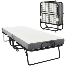 Folding Bed with Mattress for Adults, Single Size, Portable Foldable Bed with Memory Foam Mattress & Steel Frame, White