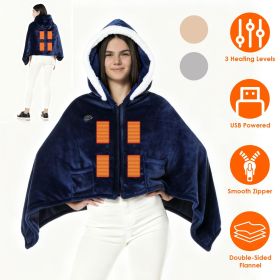 Wearable Heated Throw Blanket Double-Sided Flannel Portable Electric Heating Hoodie For Women Men Machine Washable 3 Heating Levels Battery Opera (Color: Dark Blue)
